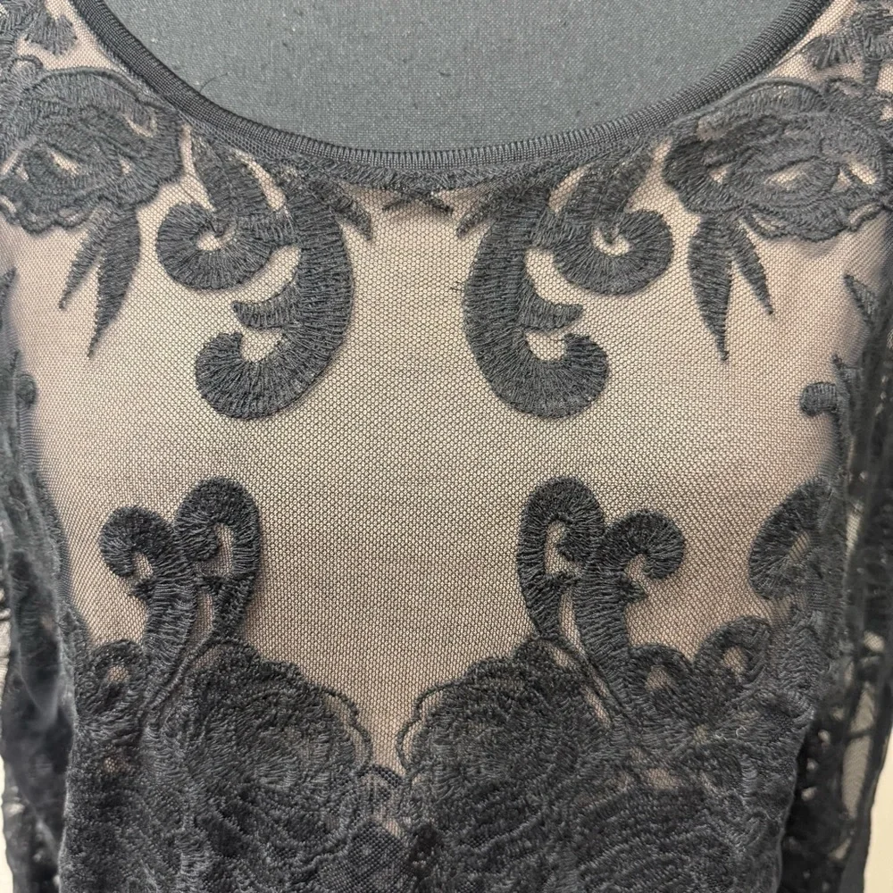 NIC+ZOE Black Lace Sheer Floral Mesh Blouse Long Sleeve Romantic Top XL - Picture 3 of 10